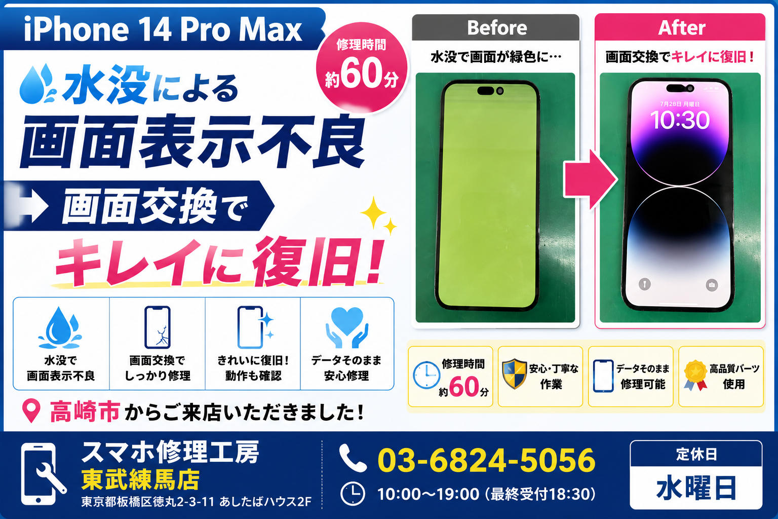 📱 iPhone 14 Pro Max 水没による画面表示不良｜画面交換修理